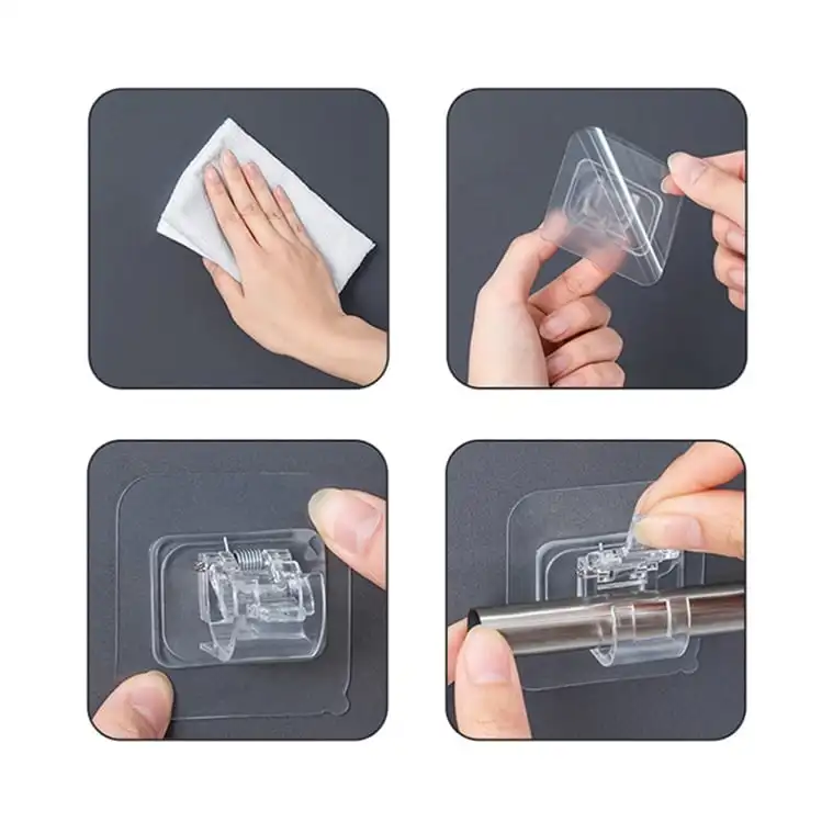 Nail-Free Adjustable Curtain Rod Holder Clamp Hook Rod Bracket Holders Adhesive Wall Curtain Fixed Clip Hanging Rack Hook