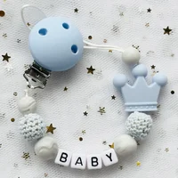 Attache-sucette avec nom personnalisé, chaîne en bois de hêtre faite à la main, support de couronne en Silicone, sucette, jouet de dentition pour bébé, cadeau à mâcher, nouvelle collection 5
