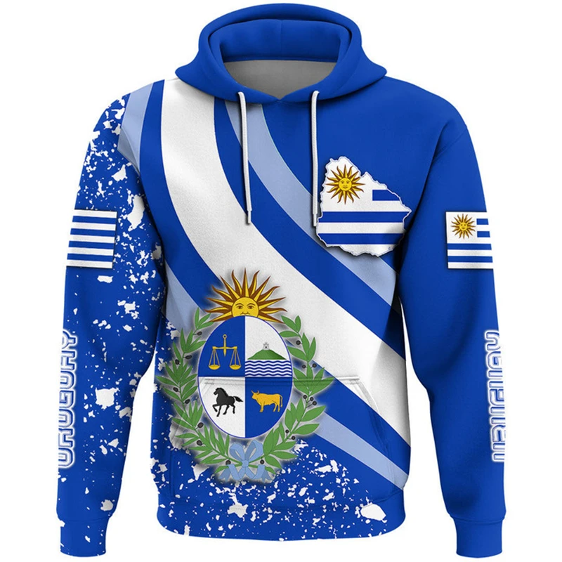 thumbnail image 1 of Ropa de primavera y otoño para hombre, sudaderas con capucha holgadas de gran tamaño con estampado 3D de la bandera uruguaya y el emblema nacional uruguayo para hombre, 1 of 4