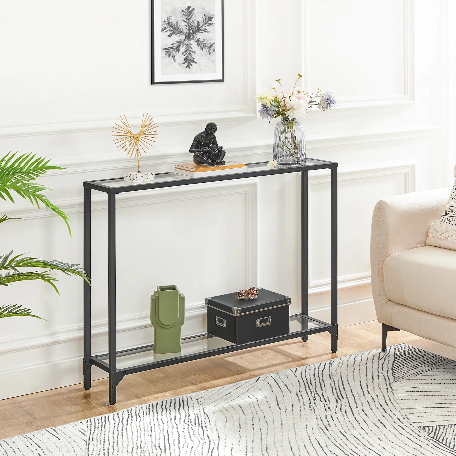 39.4" Black Console Table, Tempered Glass Sofa Table, Modern Entryway Narrow Couch Metal Frame, for Living Room