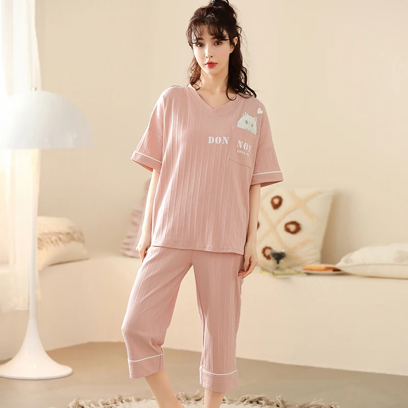 

Пижамный комплект женский с V-образным вырезом, удобная модная стильная свободная мягкая хлопковая одежда для сна с животными, кошками, домашняя одежда, 5XL, на лето