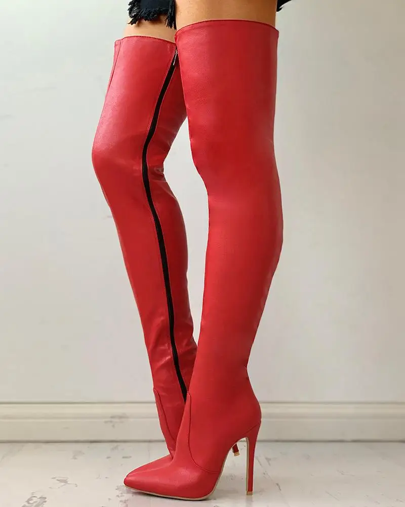 

Fashion Winter Sexy Red Boots PU Women's Shoes Long-Boots Cocktail & Party Zipper Knee-High Thin Heel Boots