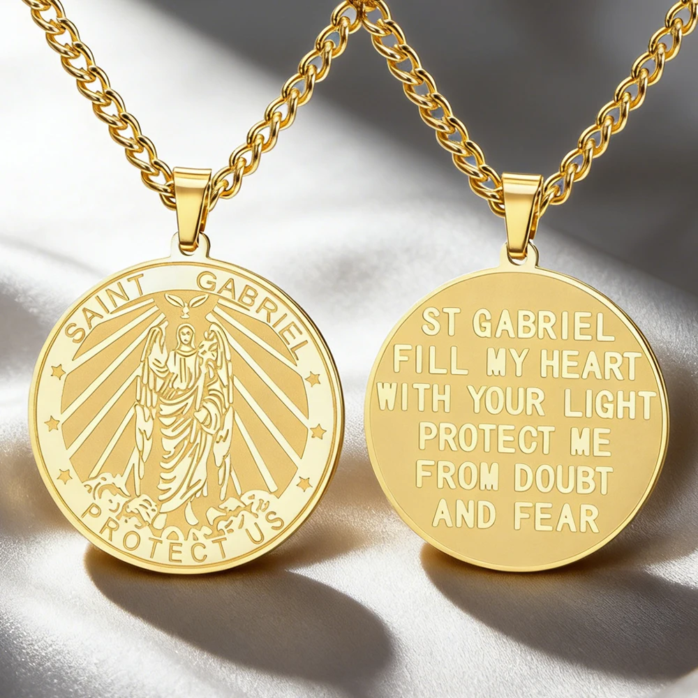 Dawapara Erzengel Gabriel Anhänger Halskette doppelseitig geschnitzt spiritueller Schutz Amulett Edelstahl Schmuck