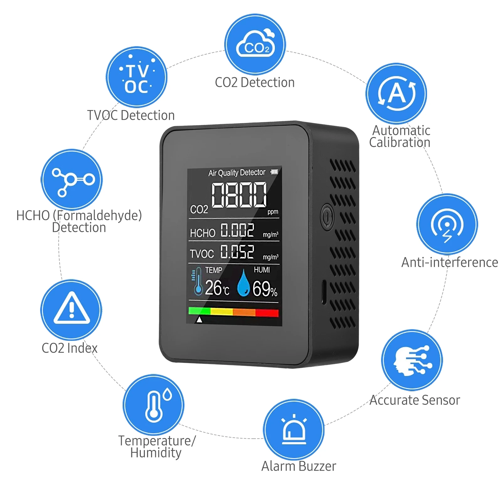 ǳ  , ˵ HCHO TVOC ׽, LCD µ  ׽, ˶ CO2 跮, 5 in 1