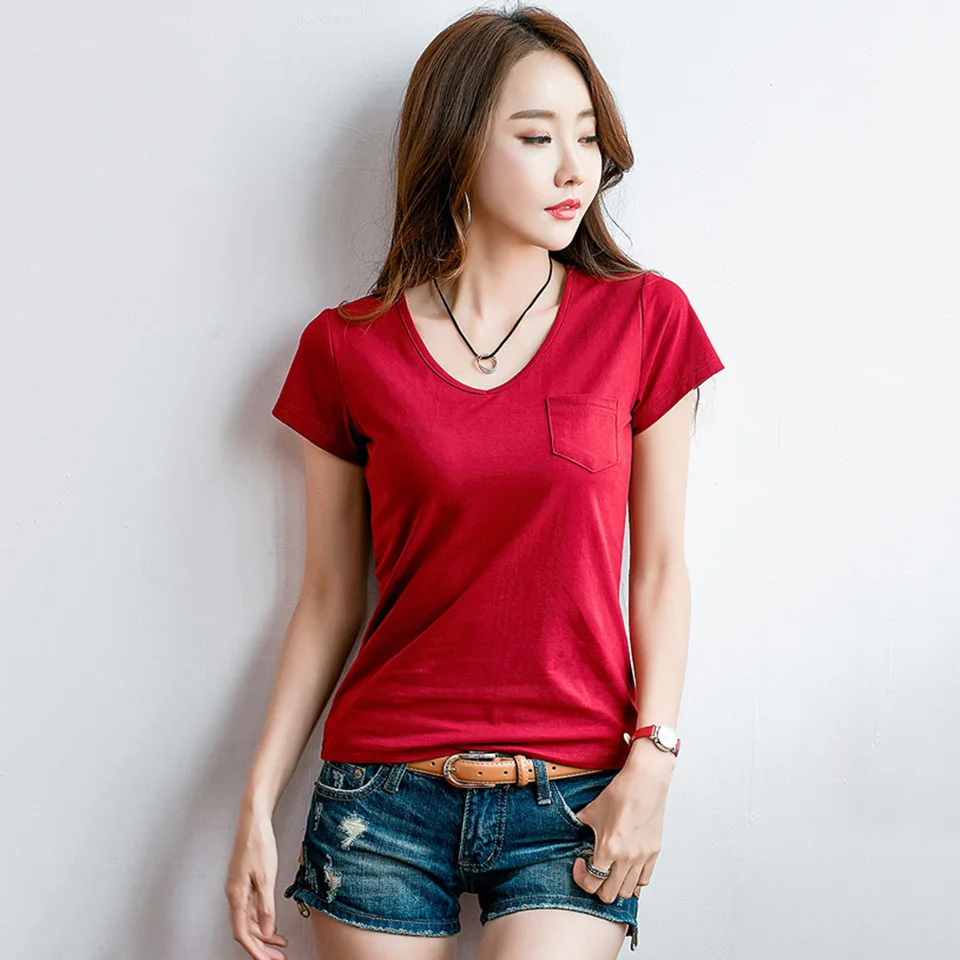 Elesomo Women's V-Neck Cotton T-Shirt – Soft Casual Short Sleeve Tee For Summer, Red, Large