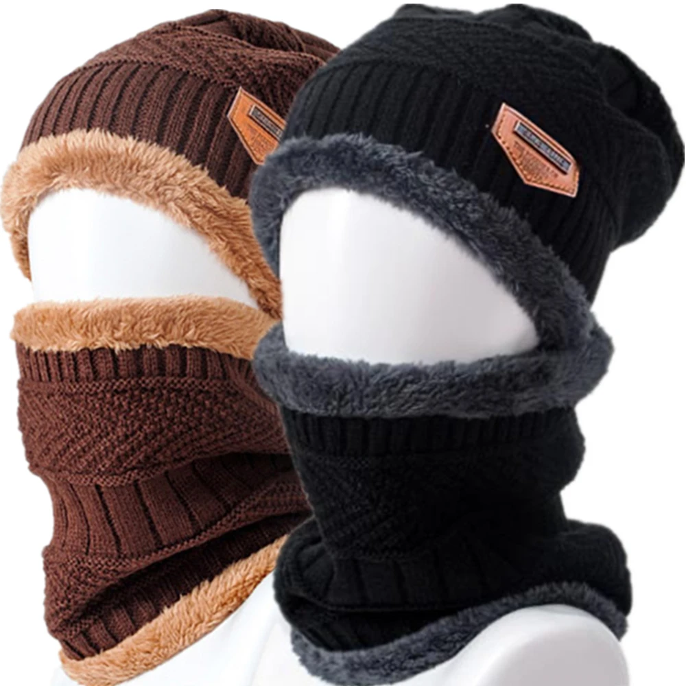 Unisex Classic Thicken Warm Knitted Suit Set Lined Winter Hat Soft Stretch Winter Hats For Men&Women Leisure Beanie Cap