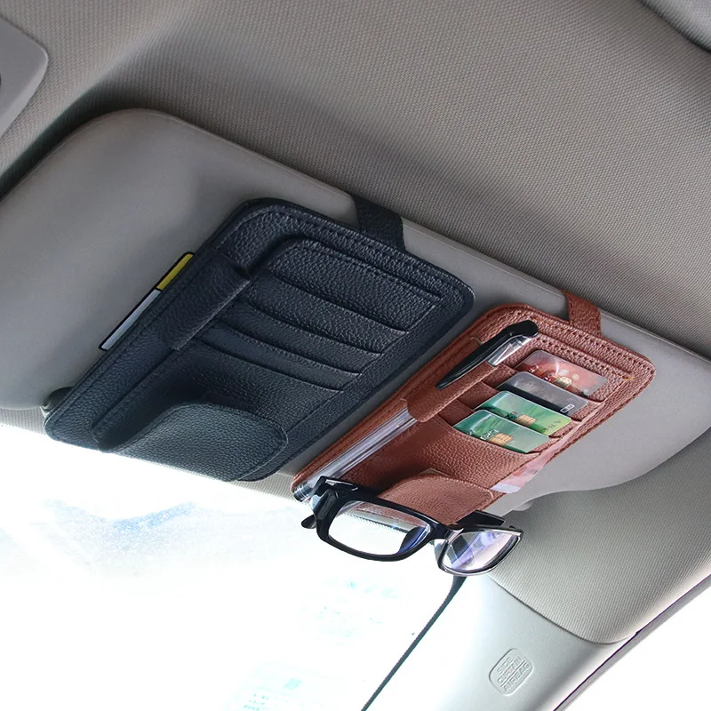 

Leather Car Sun Visor Storage Multi-Pocket Storage Glasses Sunglasses Holder Organizer Card Pen Holder Portable Auto Accessories