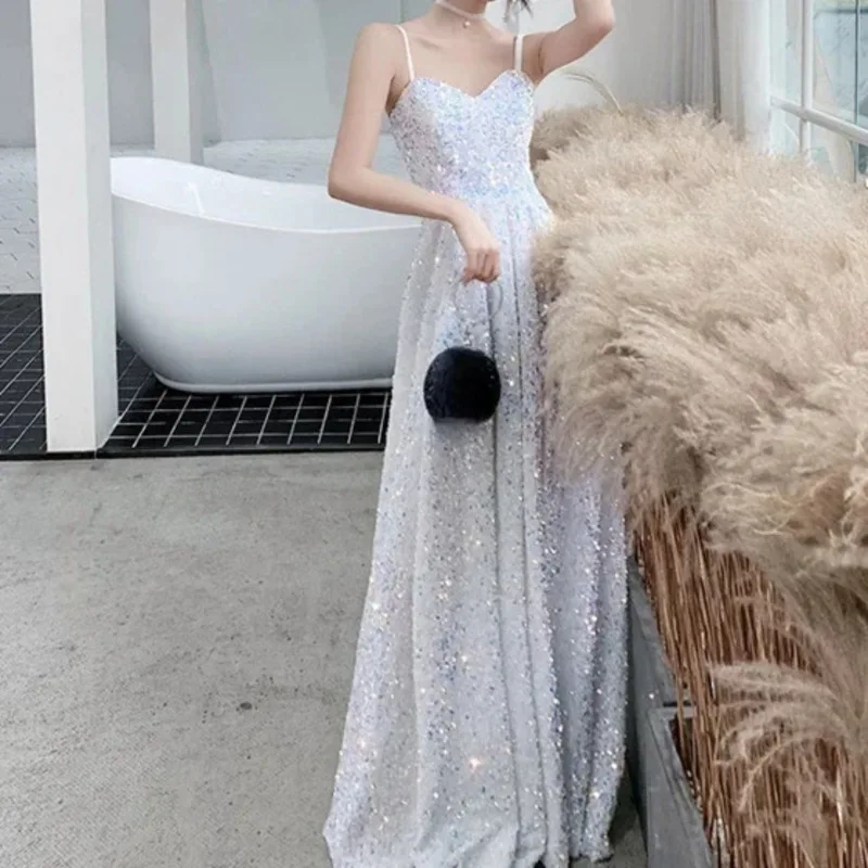 Sequin Camisole Evening Dress Elegant Long Off-the-Shoulder Women 2024 New Party Sweet Maxi Mermaid Prom Gowns  vestido de festa