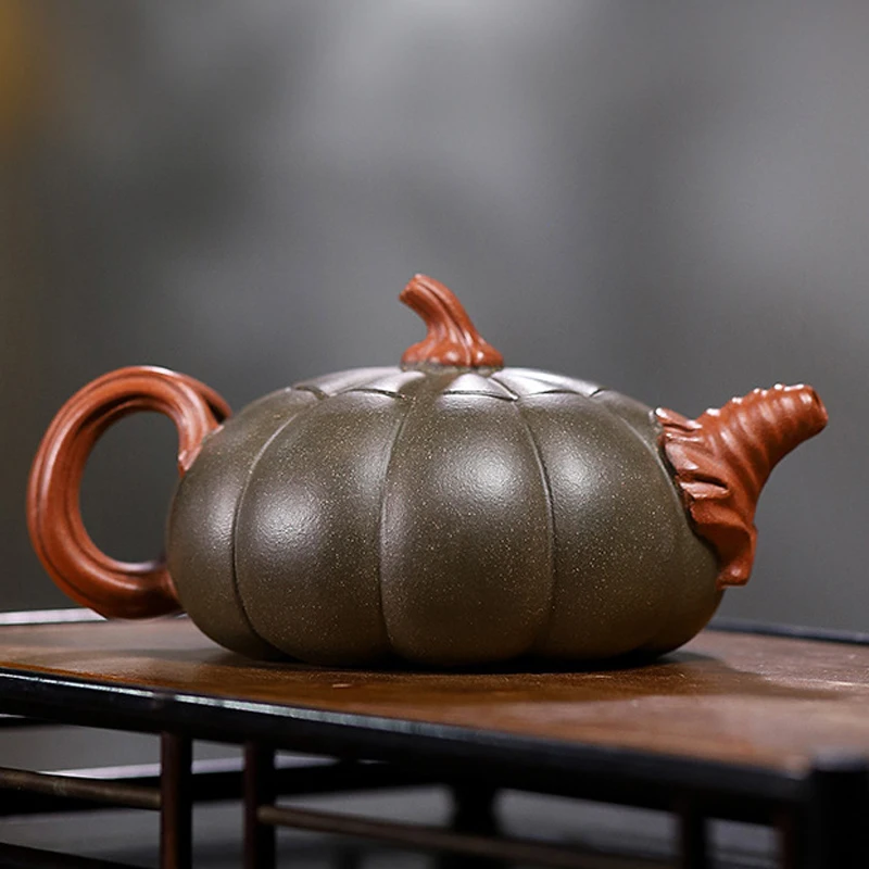 Chinese Style Pumpkin Shaped Teapot, Purple Clay Raw Ore Green Mud, Kung Fu Household, Pure Handmade, 310ML, Tea Pots, 1Pc