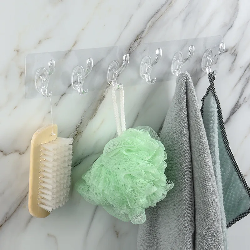 Transparent Plastic Glue Hooks Kitchen Bathroom Six Rows Hooks Nail-free Wall Hook A Row Of Traceless Wall Hanger Sticke wall mount hooks,self adhesive hooks,multi purpose hooks,adhesive wall hook,kitchen hooks,wall organizer hook