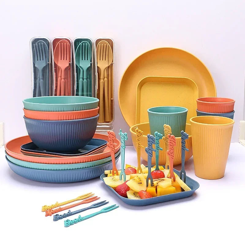 Mixing Bowls Cups Set 48 Pcs Wheat Straw Tableware Set For