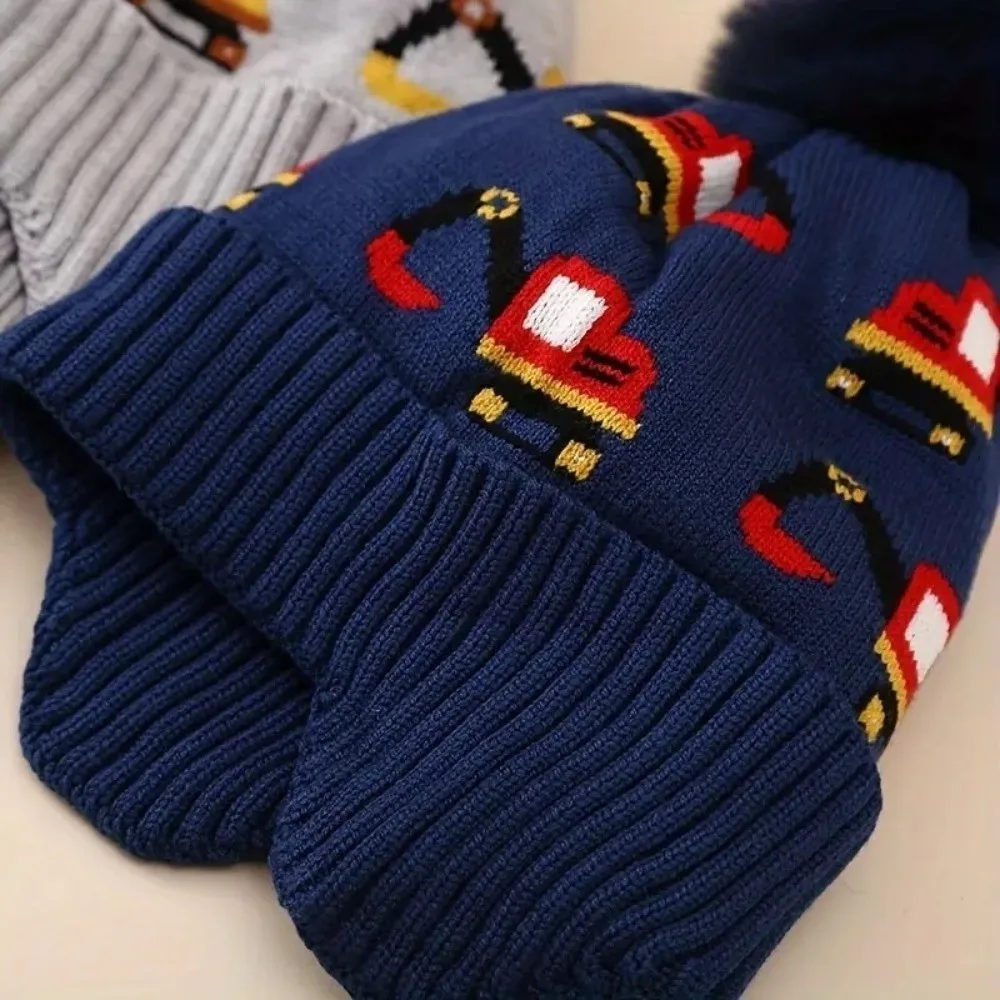 Acrylic Kids Winter Hat with Ear Flaps and Excavator Print