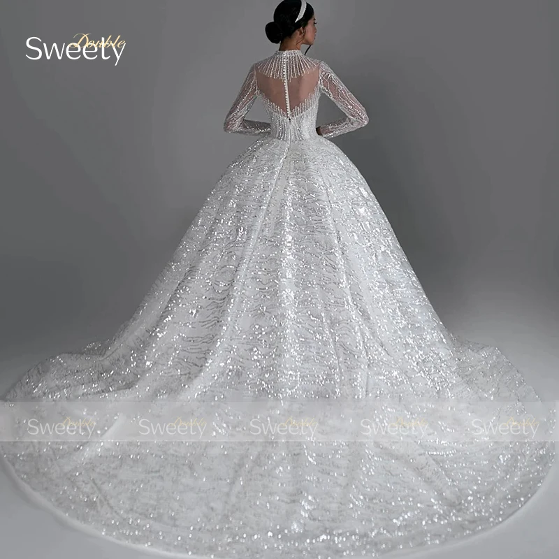 Abito da sposa completamente in rilievo che borda con abito da ballo Glitter collo alto manica intera abito da sposa personalizzato bottone Vestido De Novia - immagine 2