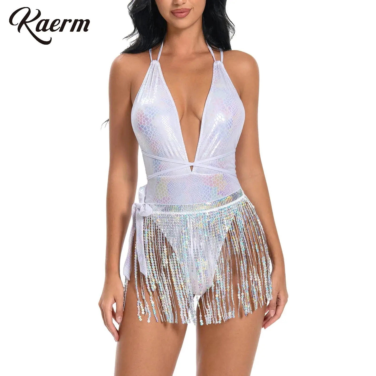 

Женский трико со змеиной кожей, женский трико с глубоким V-образным вырезом, без рукавов, с открытой спиной и блестками, шарф с кисточкой