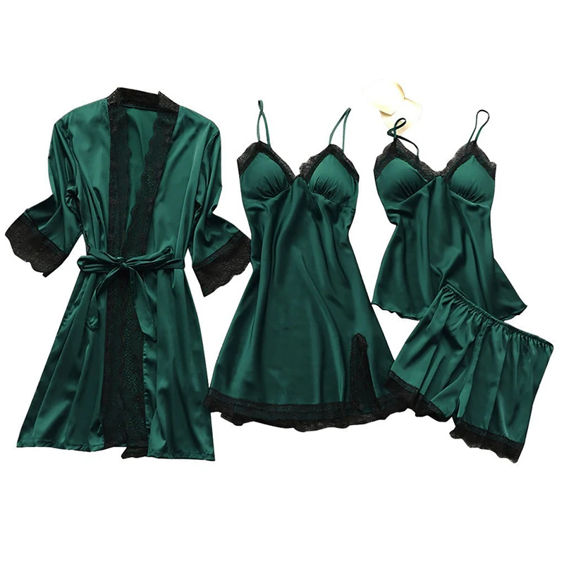 Women pajamas set 4 Pieces Sexy Lace Fashion V-Neck Gown Comfort With Chest Pads Nightdress Casual Loungew