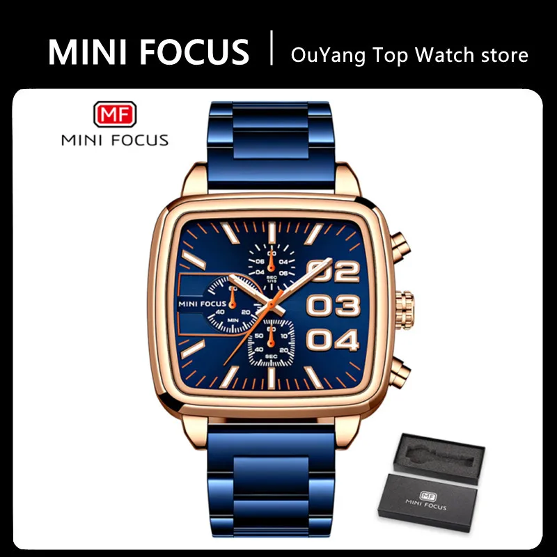 

MINI FOCUS Watch Men's Business Waterproof Luminous Square Big Dial Three Eyes Six Needles Stainless Steel Top Brand Quartz Watc