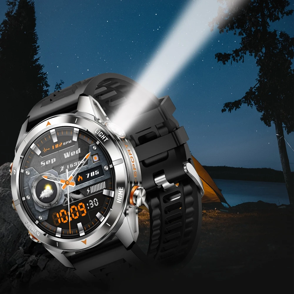 Military Smart Watch Men 10ATM Waterproof 1.46" AMOLED Screen LED Flashlight 515mAh Battery Heart Rate Sport BT Call Smartwatch
