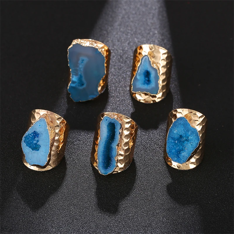 Irregular Geode Stone Agate Slices Wide Open Ring for Women Boho Resizable Finger Jewelry 4