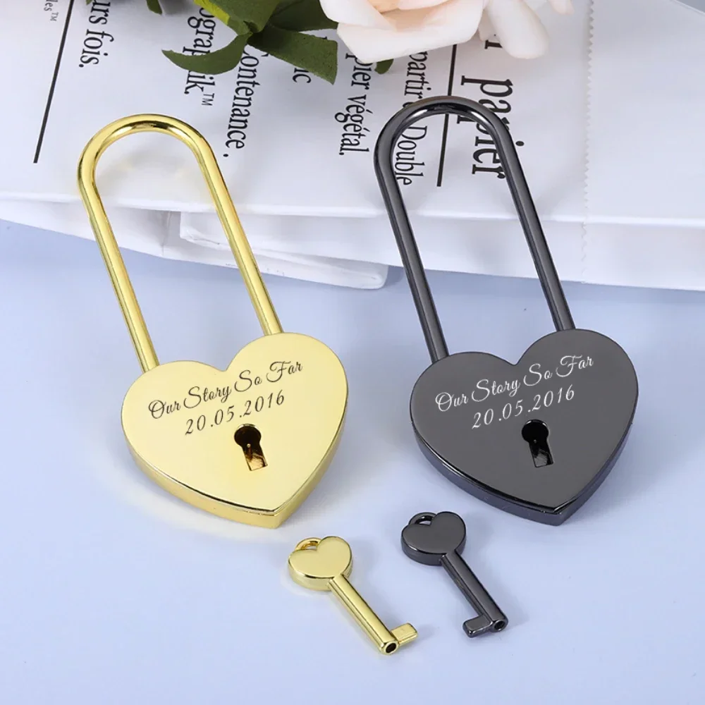 

Personalized Heart Padlock Engraved Name Date Couple Love Lock with Key Honeymoon Travel Wedding Anniversary Gift for Him Her