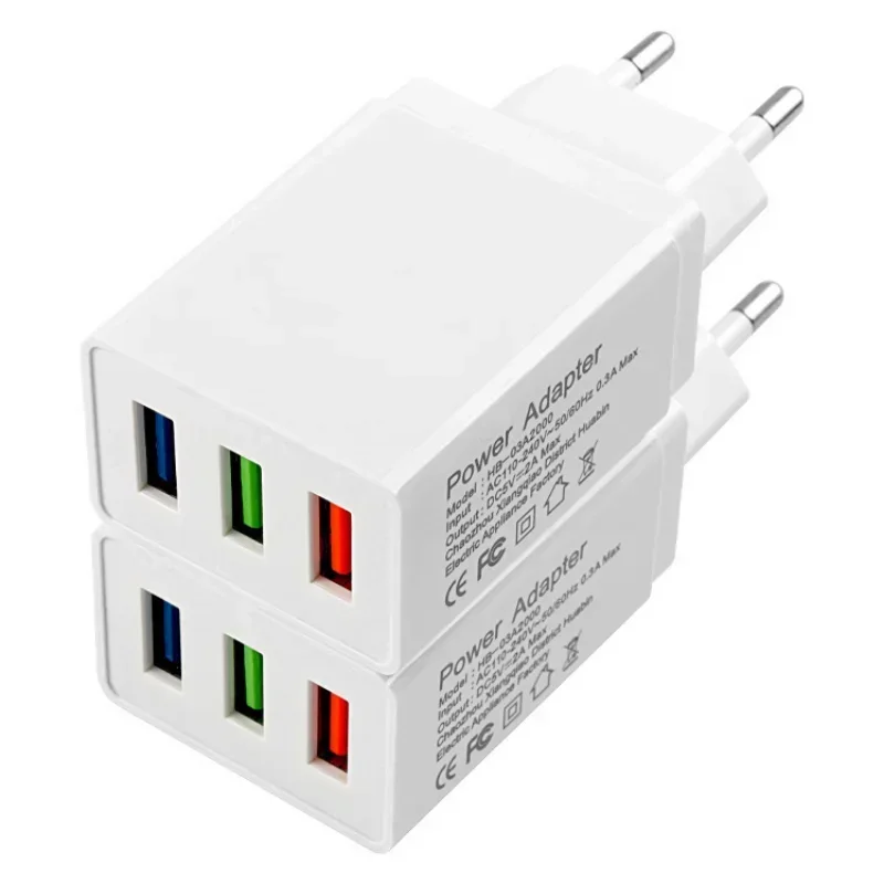 Triple Port USB Wall Charger, 5V2A Power Adapter with Two Foot Charging Cable