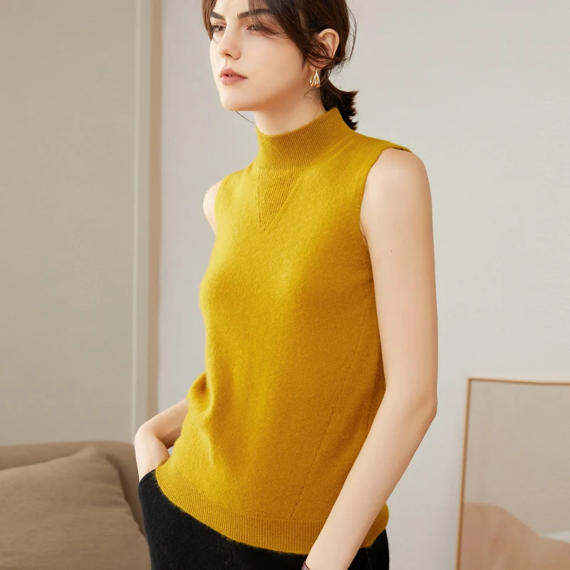 

Women's Warm Pure Cashmere Vest Winter Slim Half Turtleneck Knitted Sleeveless Women's Sweater Comfortable Bottoming Shirt