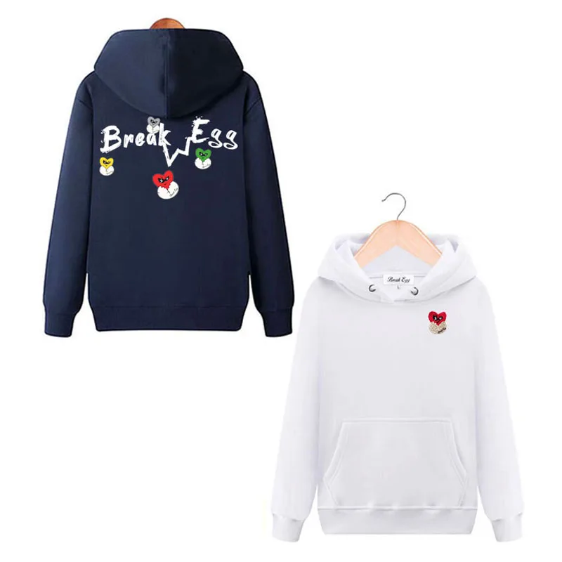 

Break Egg Men Women Hoodie Heart Eggshell Embroidery Back Letter Colorful Heart Print Pullover Fleece Pocket Loose Sweater