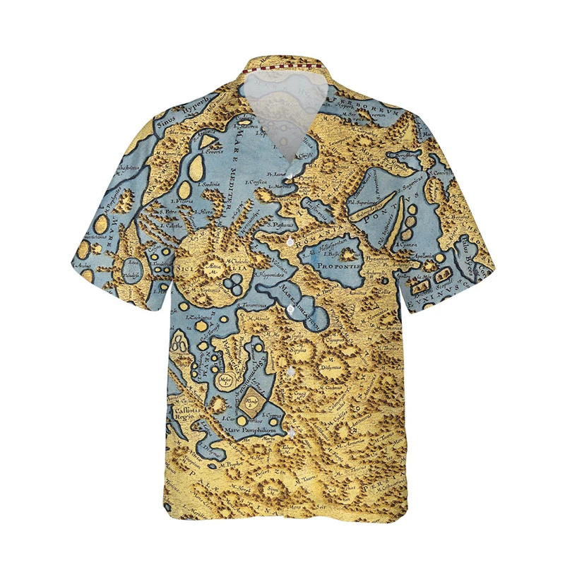 thumbnail image 1 of Camisa de moda para hombre con estampado 3D de mapa y brújula, solapa con botones, manga corta, diseño personalizado, camisetas cómodas, 1 of 5