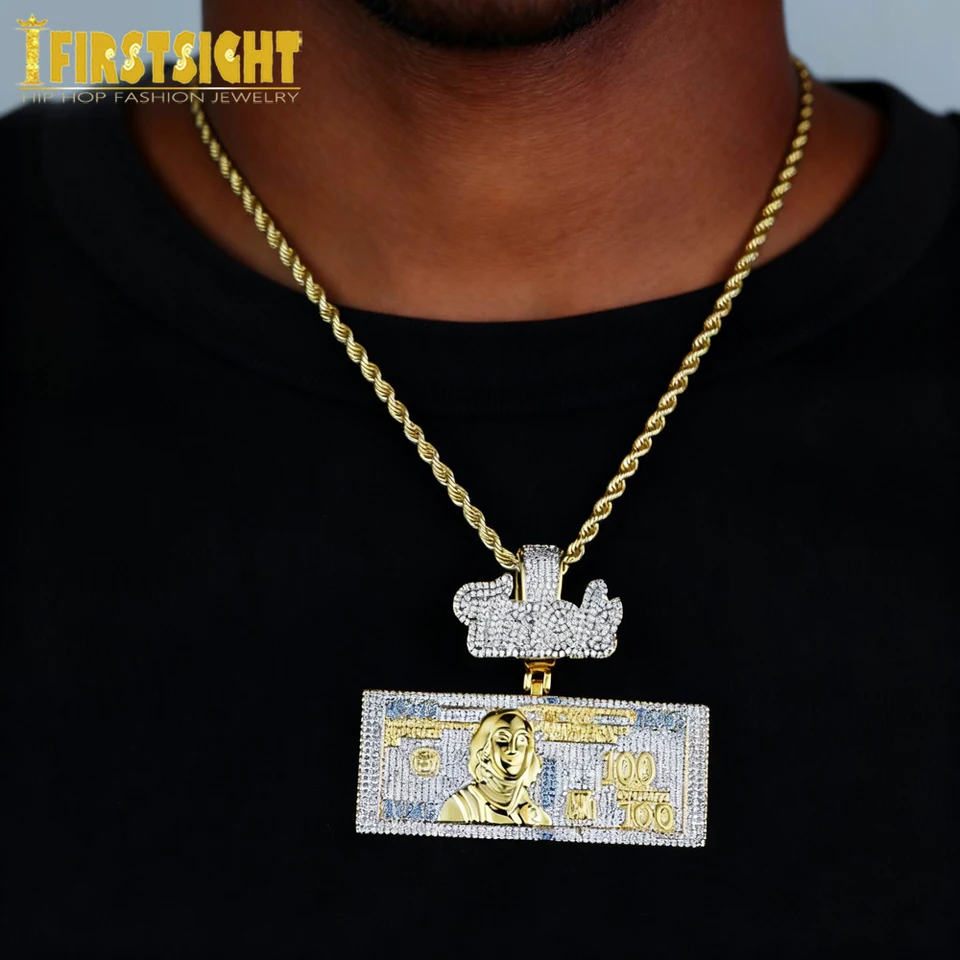 HENGYID Bling Dollar Sign Pendant Necklace - Gold Cubic Zirconia Franco Chain For Men & Women