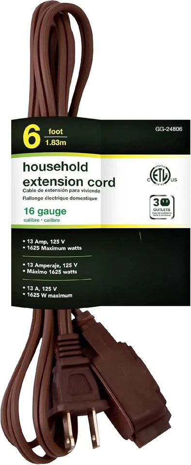 6ft Brown 3 Outlet Household Extension Cord