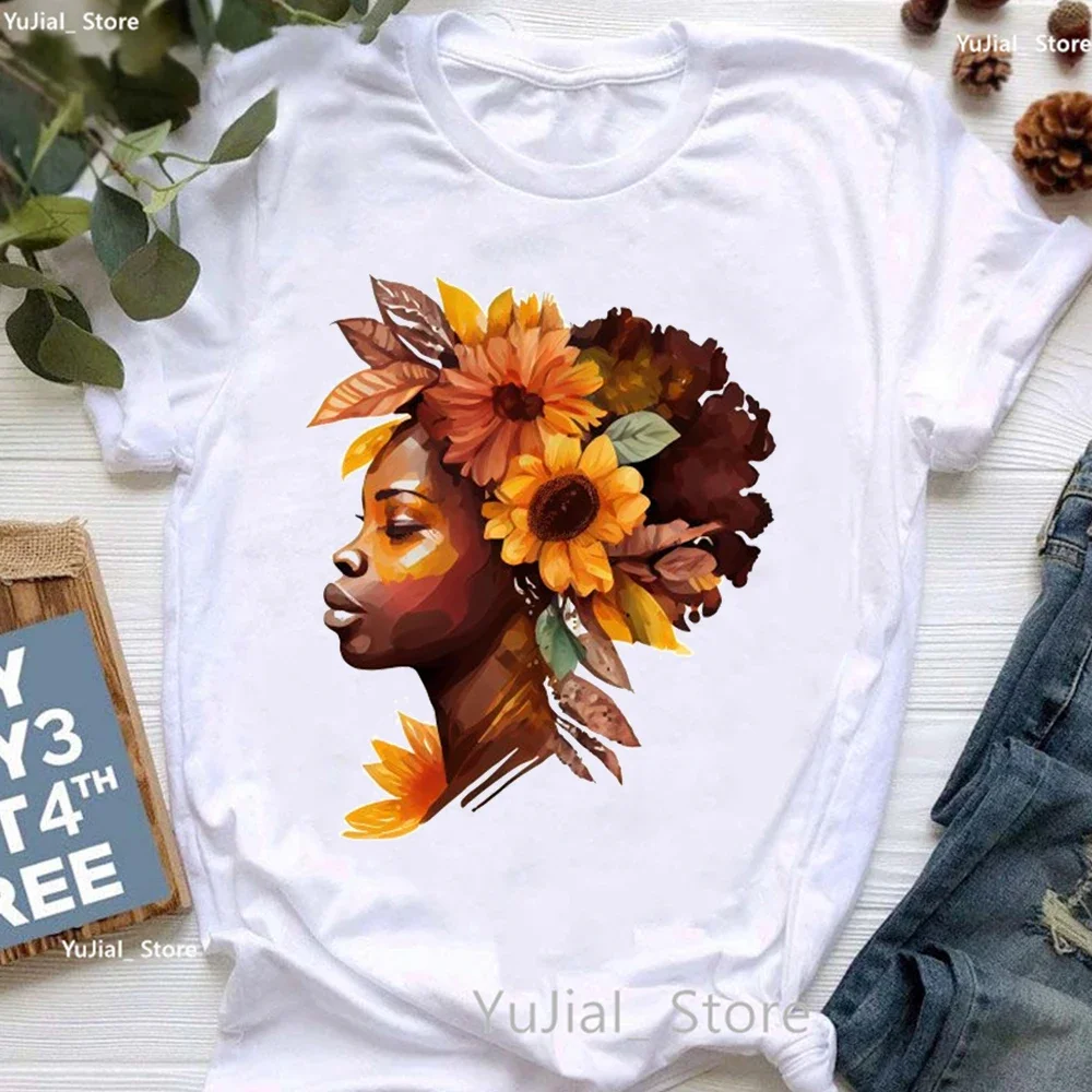 

Beautiful Africa Black Girls Print T Shirt Women'S Clothing Melanin Poppin Tshirt Femme Sunflower Flowers T Shirt Female