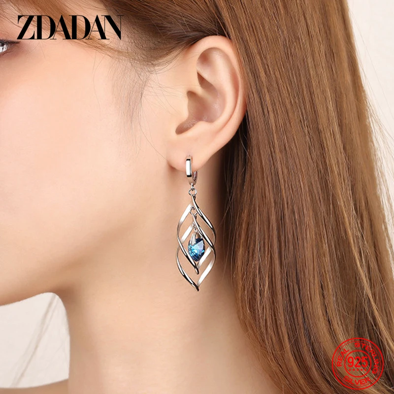 ZDADAN 925 Sterling Silver Blue Crystal Necklace Earring Set For Women Fashion Wedding Jewelry Party Gift 6