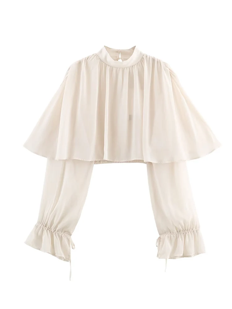 Elegant Women's Tierred Ruffles Blouse Chic Long Sleeve Loose Crop Shirt 2026 Spring New Chic Half High Collar Woman Solid Top