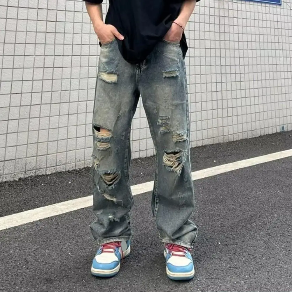 

Distressed Washed Jeans Distressed Wide Leg Men's Jeans with Ripped Holes Multiple Pockets for Streetwear Style Casual Loose Fit
