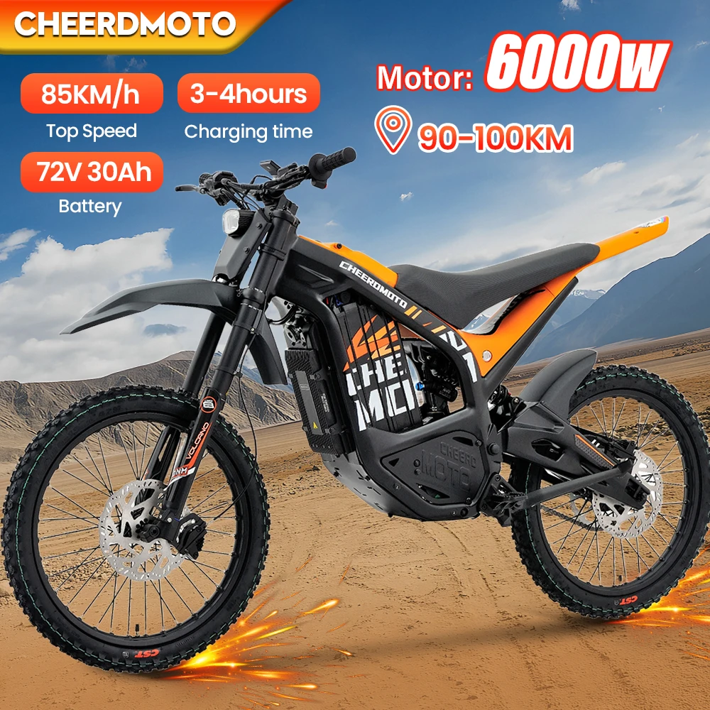 Cheerdmoto Electric Dirt Bike Mid-Drive Motor 72V/30AH/6000W Electric Motorcycle Bike Hydraulic Brakes Electric Bicycle