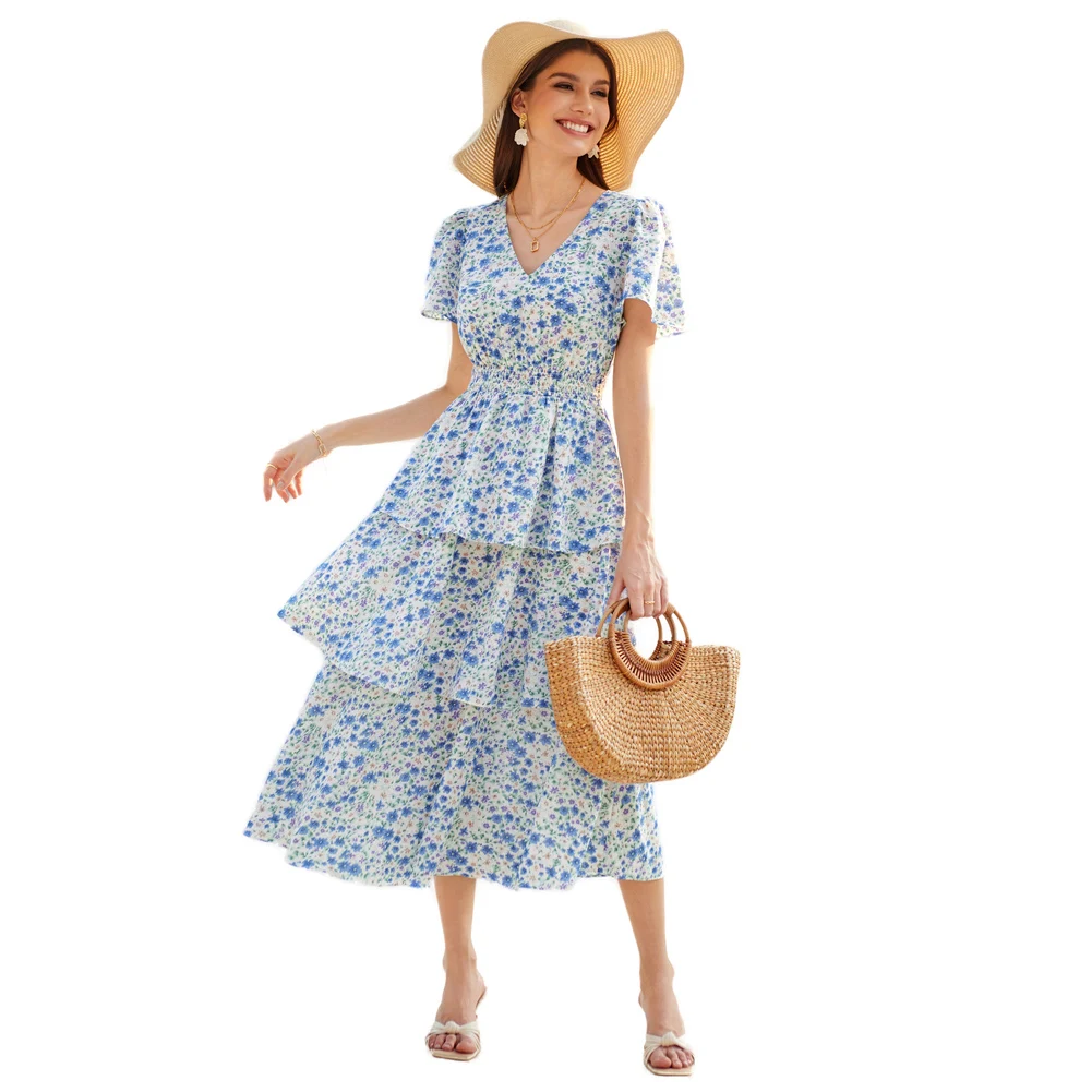 

GK Women Midi Cake Dress Floral Printed High Waist Summer Retro Short Sleeve V-Neck Elastic Waist Flared A-Line Dress