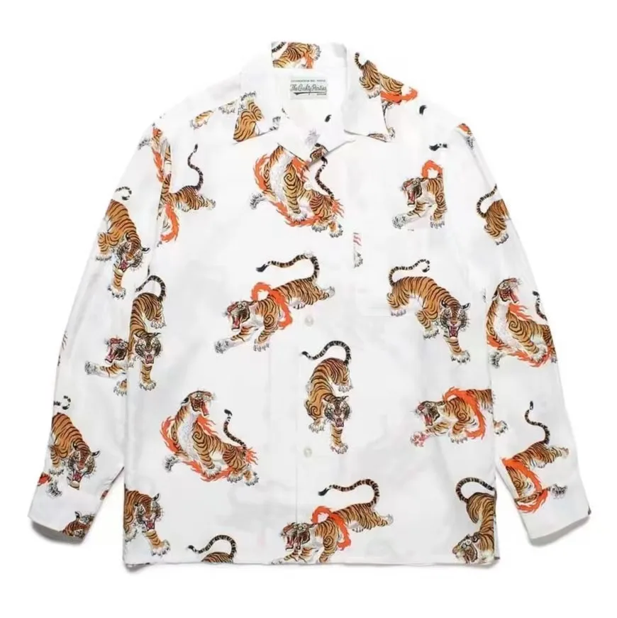 Black White Tees Autumn Winter Long Sleeve Tops WACKO MARIA Tiger Print Casual Lapel Single Breasted Men Women Shirt