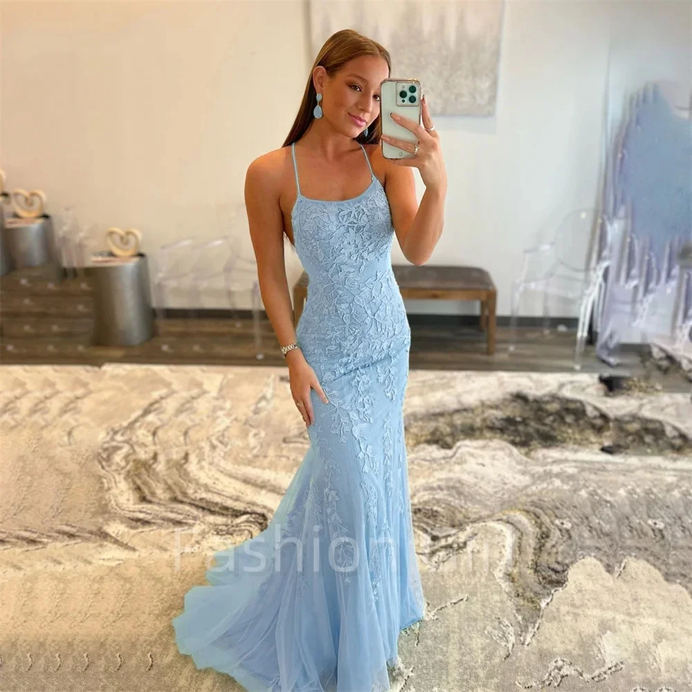

Elegant Applique Mermaid Party Dress Lace Sky Blue Celebrity Dress Spaghetti Strap Floor Length Special Occasion Dress Robe