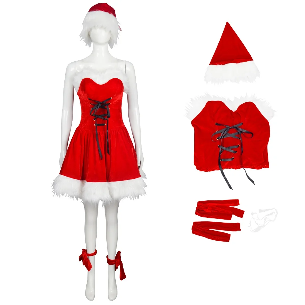 Women Santa Claus Costume Sexy Red Dress Lady Christmas Slim Fit Dreses Party Celebration Suit With Straps Bow Decoration
