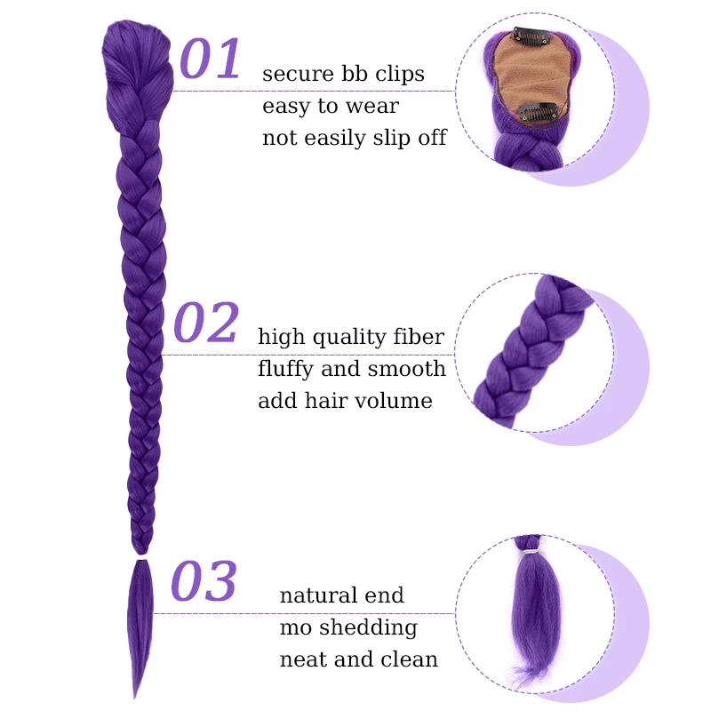 26inch Purple Braided Hair Ponytail Extensions for Kids Cosplay Long Purple Braids for Kids Christmas Party Use Purple Wig Hair