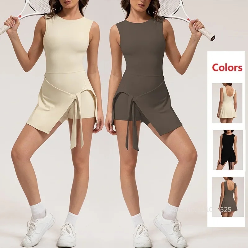 Tennis Dress Women Sleeveless Sport Workout Dress Ladies Backless Running Short Skorts Golf Badminton Tracksuits Lace Up Skirts