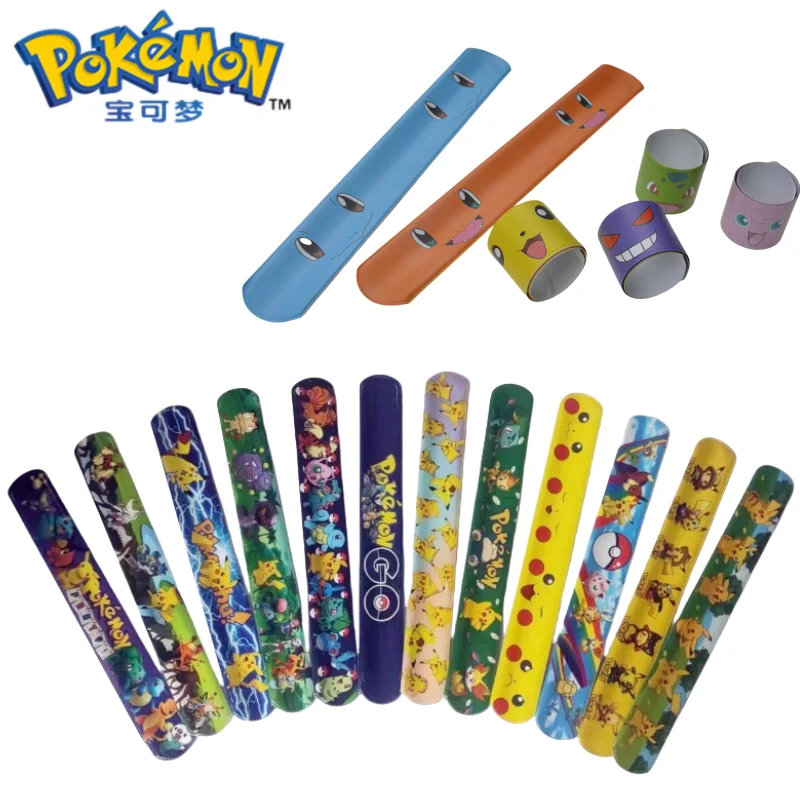 Pokemon Snap Circle Bracelets 6/12pcs Pikachu Anime Figure Wristband Child Slap Band Puzzle Toys Boys Girls Birthday Party Toys