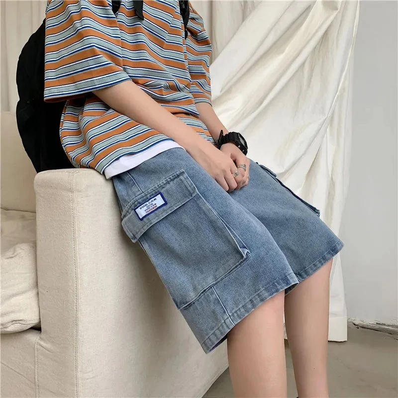 New Summer Retro Denim Shorts Korean Fashion Men's Travel Shopping High Quality Light Blue Business Youth Loose Shorts Large
