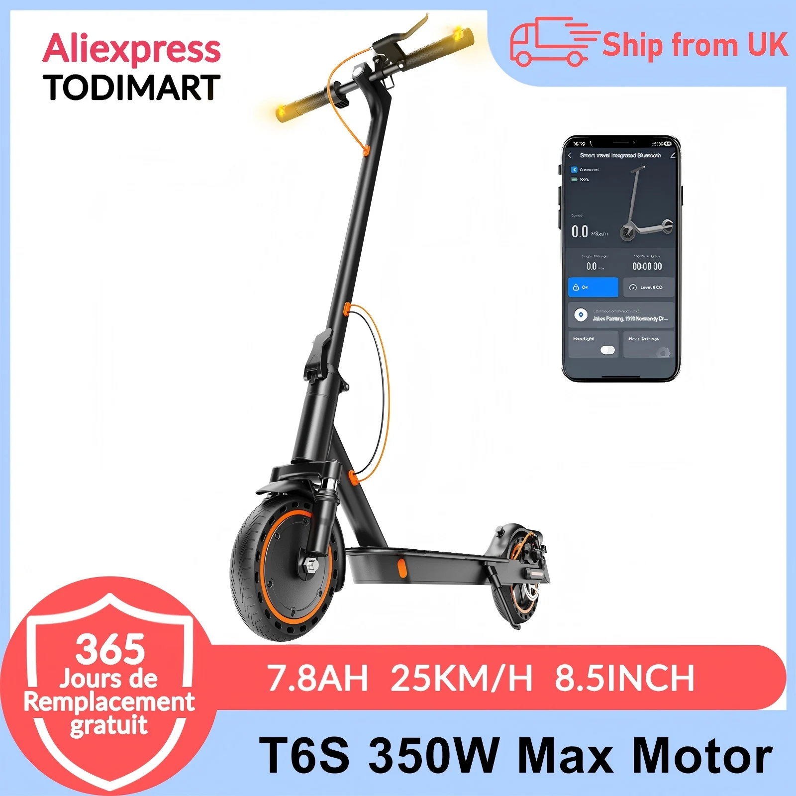 TODIMART T6S Trottinette Électrique Pliable Adulte 36V 7.8Ah avec Clignotants, Pneu Plein Alvéolé 8,5", Double Freinage E Scooter, Trottinette de Ville Charge Max 120KG pour Déplacement 1