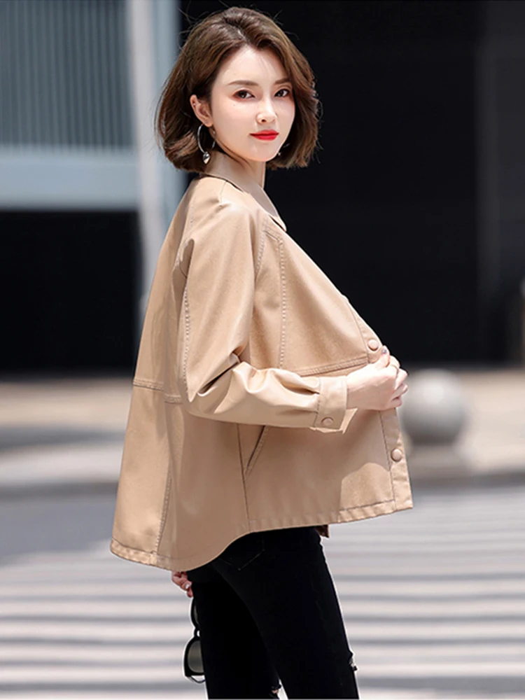 New Women Leather Jacket Spring Autumn Fashion Casual Shirt Style Split Leather Outerwear Loose Long Sleeve Sheepskin Tops Coat