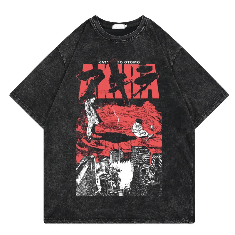 

Retro Neo Tokyo Akira Men Washed T-shirt Short Sleeve Movie science fiction Manga Anime Shotaro Kaneda Tee Casual