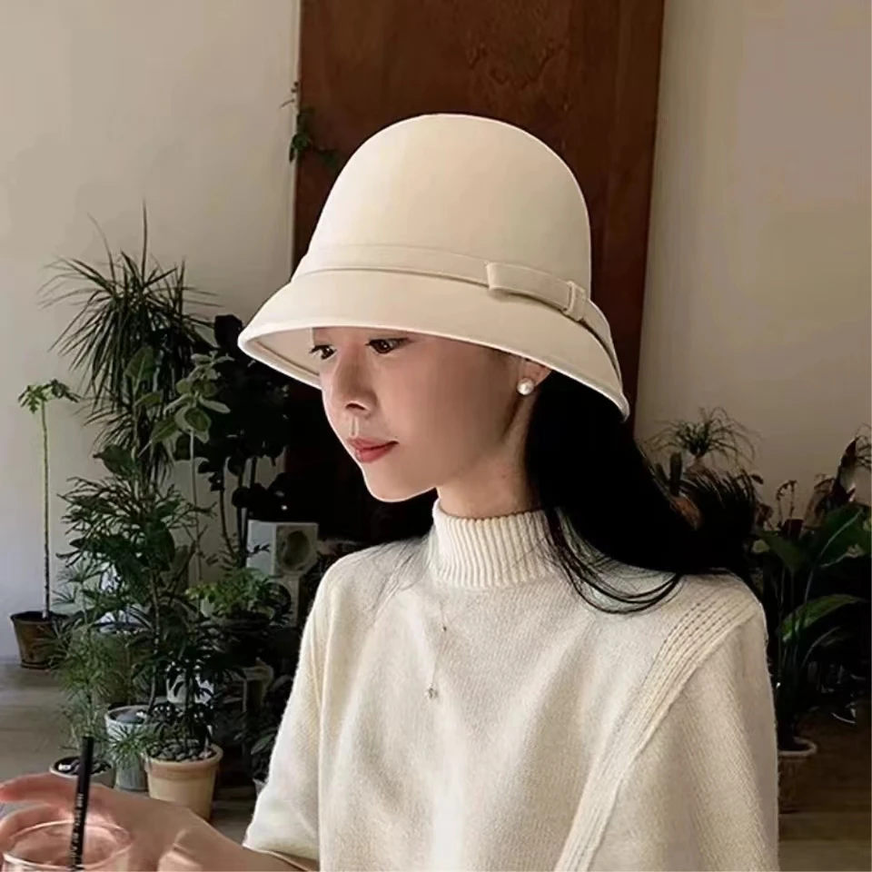 

Women's Wool Bucket Hat Winter Female Thicken Warm Fisherman Caps Outdoor Retro Bow Basin Hats Winter Ladies Panama Bob Gorros