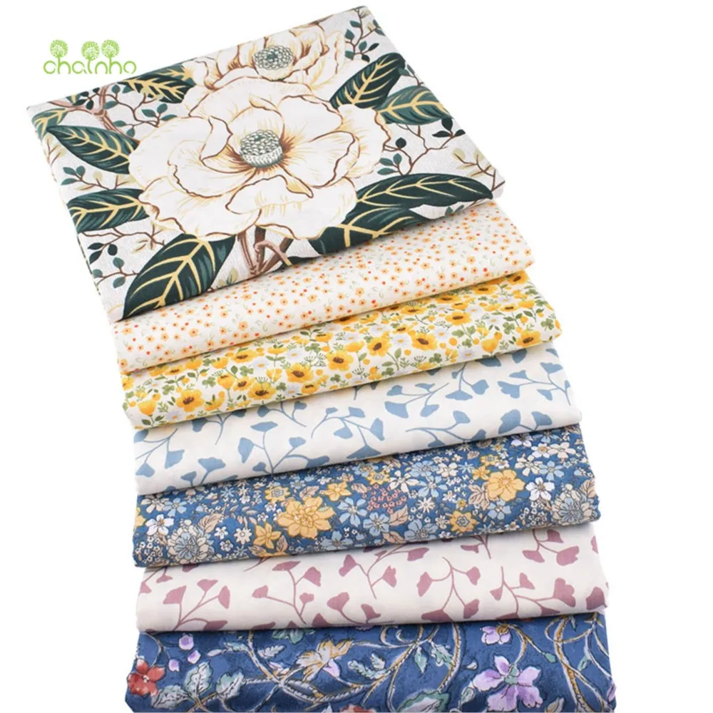 Chainho,Printed Twill Weave Cotton Fabric,DIY Sewing Quilting Material,Patchwork Cloth,Flower Series,7 Designs,2 Sizes,CC096