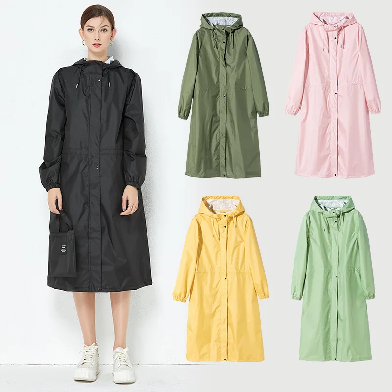 Ladies Long Raincoats Rain Jacket Waterproof Packable Hooded Windbreaker Lightweight Adjustable Waist Outdoor Protection Storm