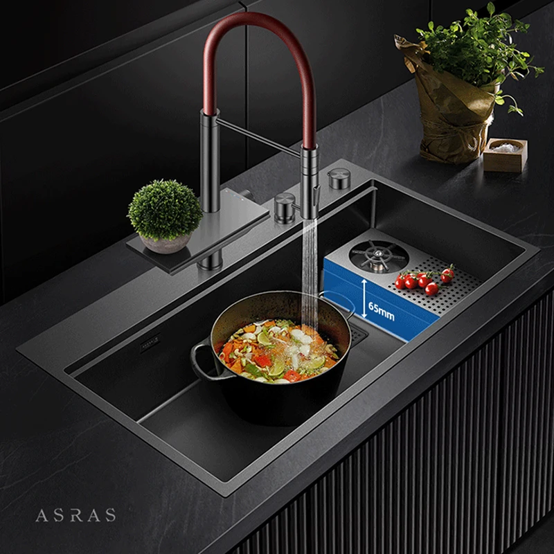 ASRAS New Waterfall Faucet Kitchen Sinks Nanometer Large Size 4mm Panel Handmade Sinks Cup Rinser Kitchen
