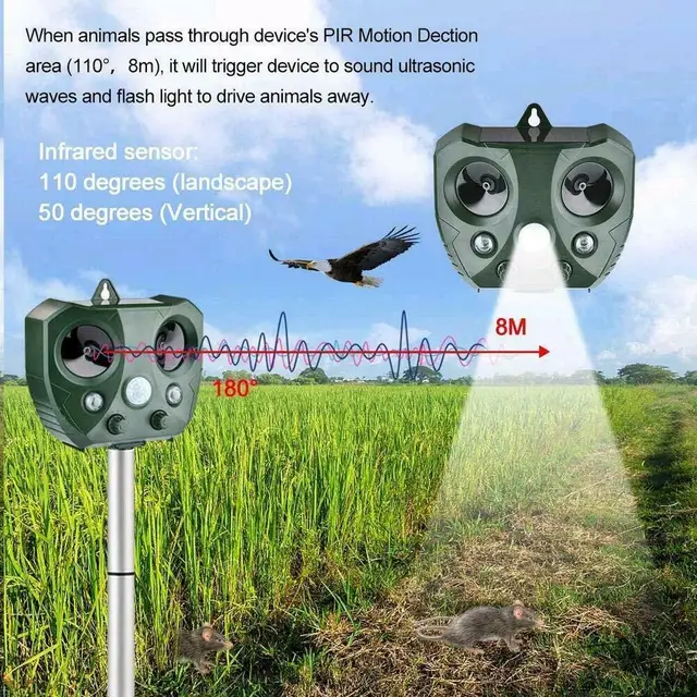 Napelemes Madárrepleller Ultrahang Sonic Rágcsáló -Triel Macskás Kutya Róka Állati Kígyócseppel Ijesztő Madarak Madárijesztő Bagoly Kültéri Kert - Image 4